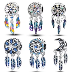 Atrapasueños de plumas de plata de ley 100% auténtica, cuentas de borla, compatible con pulsera Qikaola Original, brazalete, joyería artesanal, 925