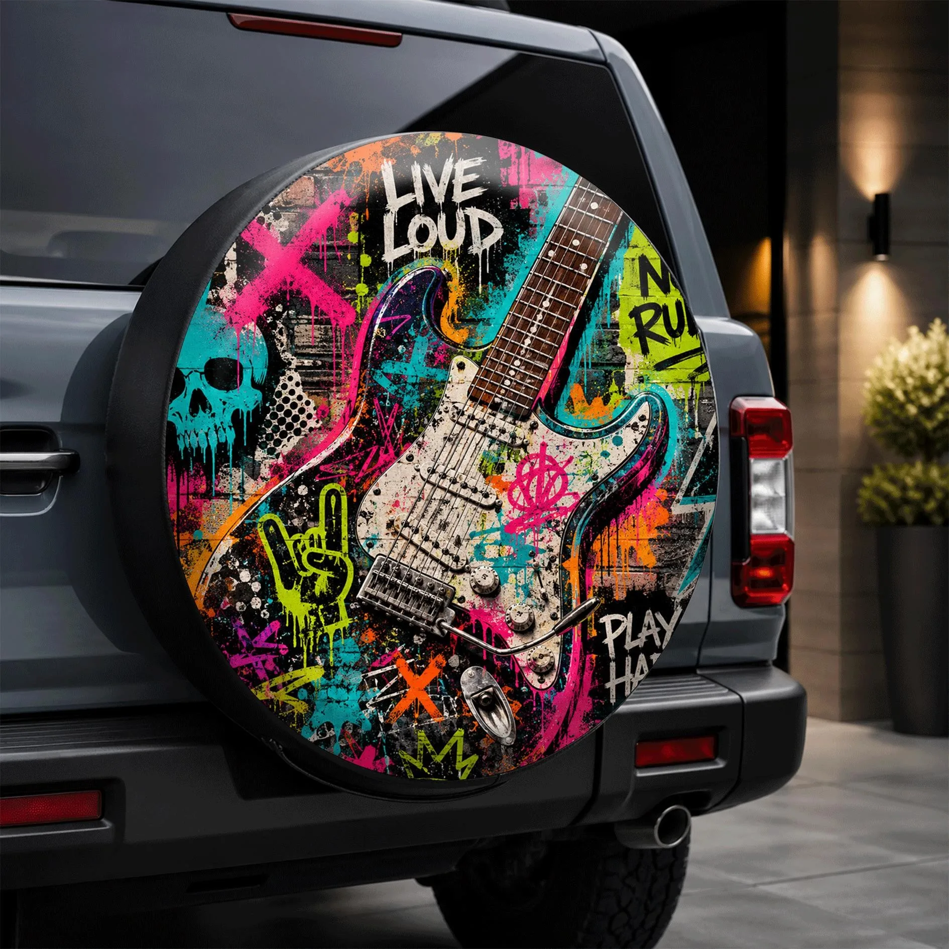 Graffiti Rock Guitar Slogan Printed Spare Tire Cover Universal Car Tire Protector for Camping Road Trips