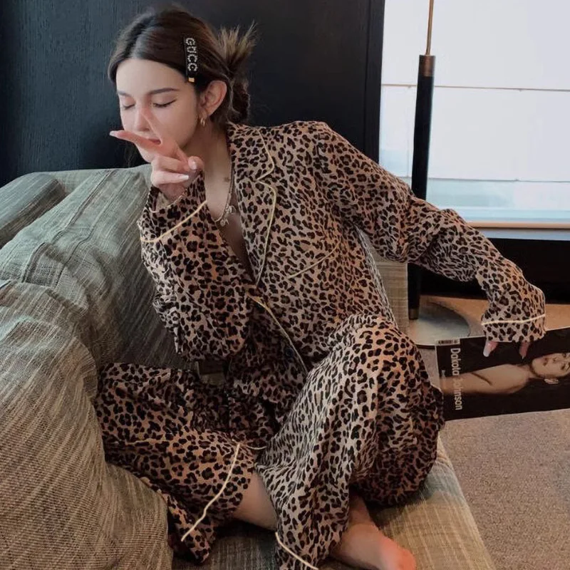 

High-End Light Luxury Leopard Print Instagram-Style Pajamas for Women Long-Sleeved Top and Long Pants Spring/Fall Homewear Set