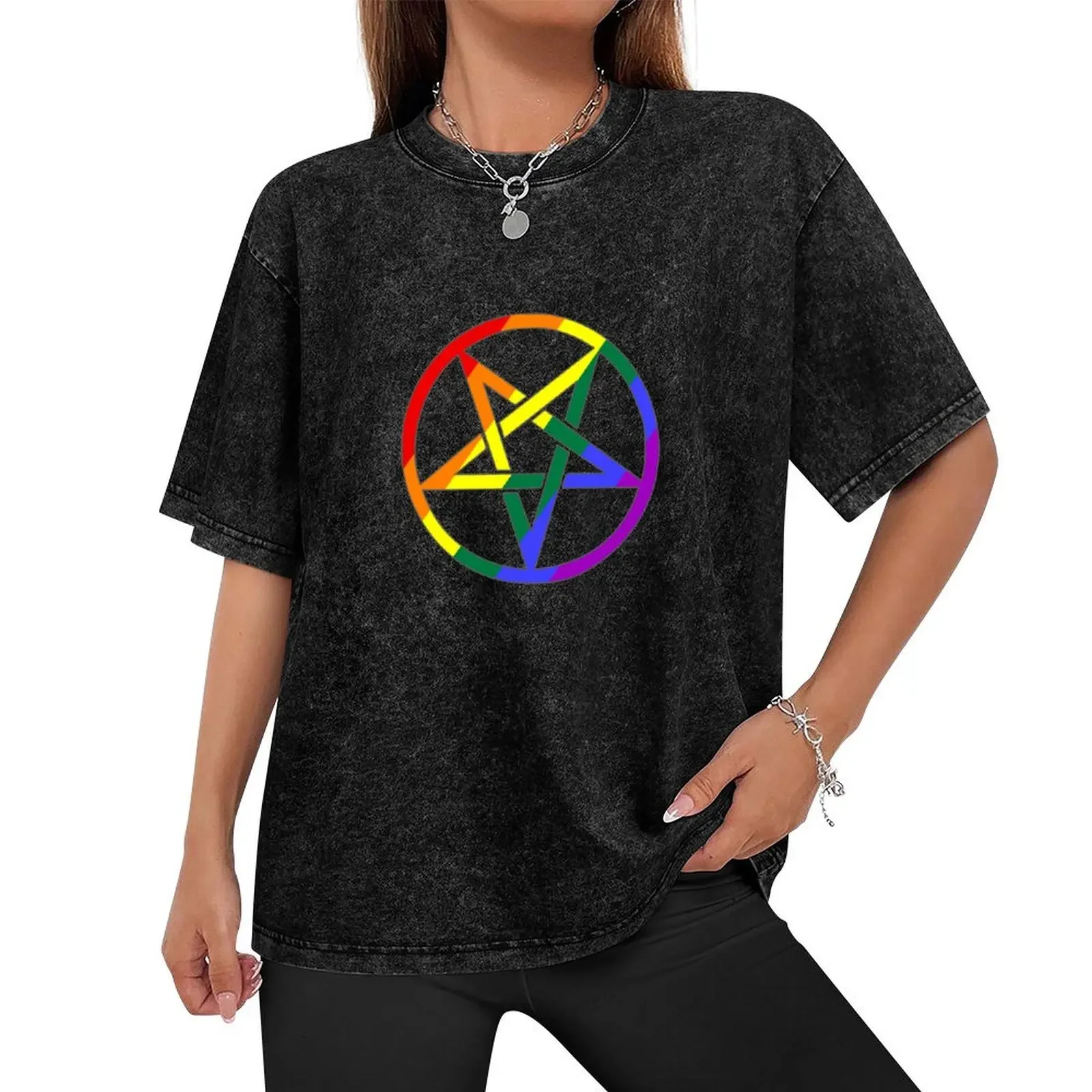 Rainbow Pentagram Santanic Symbol T-Shirt tees quick drying mens t shirts pack