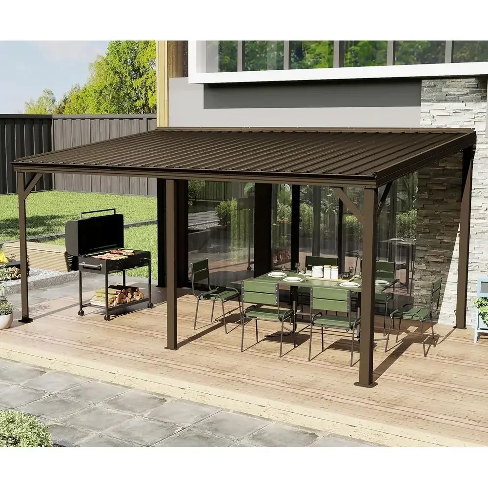 Domi 10’x16’ Lean-to Gazebo, Hardtop Wall-Mounted Gazebo Pergola with Sloping Galvanized Steel Roo and Upgraded Drainage System,