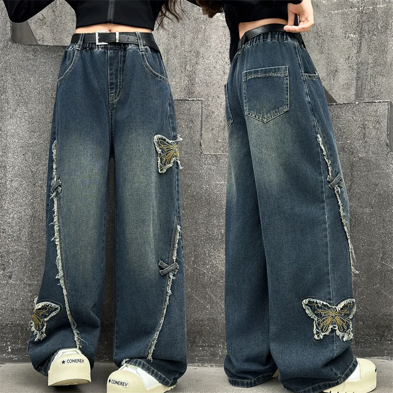 

Korean Style Children Butterfly Knot Straight Leg Jeans for Teens Girls High Waist Loose Feet Long Pants Kids Denim Trousers