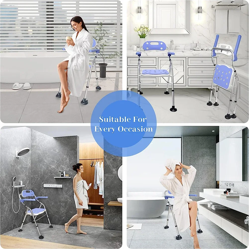 

Foldable Shower Seat With Armrest Heavy Duty Strap Back For Elderly Disabled Shower Transfer Adjustable Legs For Non-Slip Feet