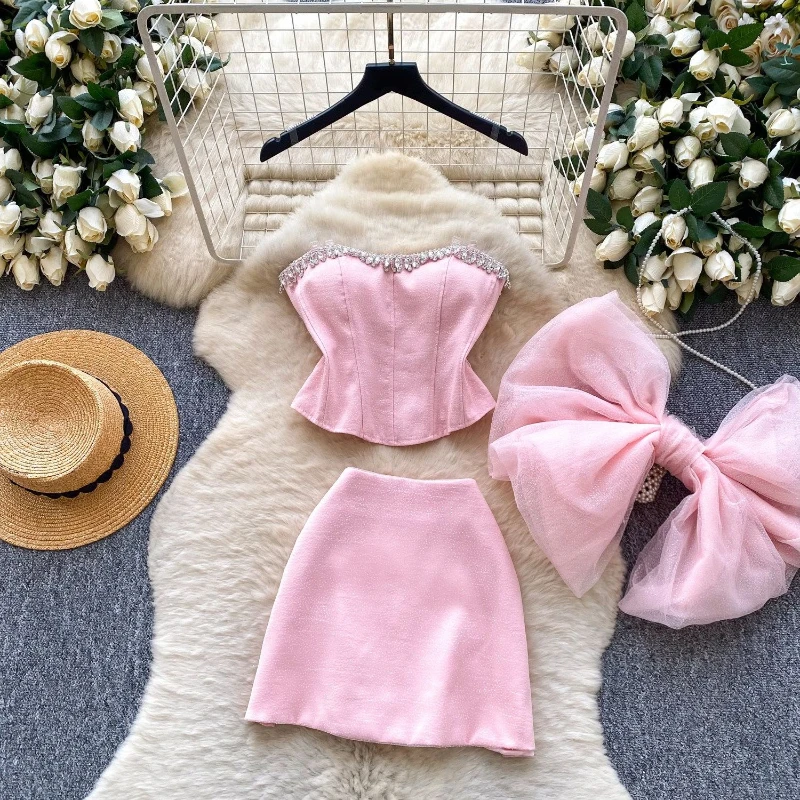 

Sweet style strapless diamond studded bow and slim fit hip hugging skirt women's summer high-end temperament two-piece set