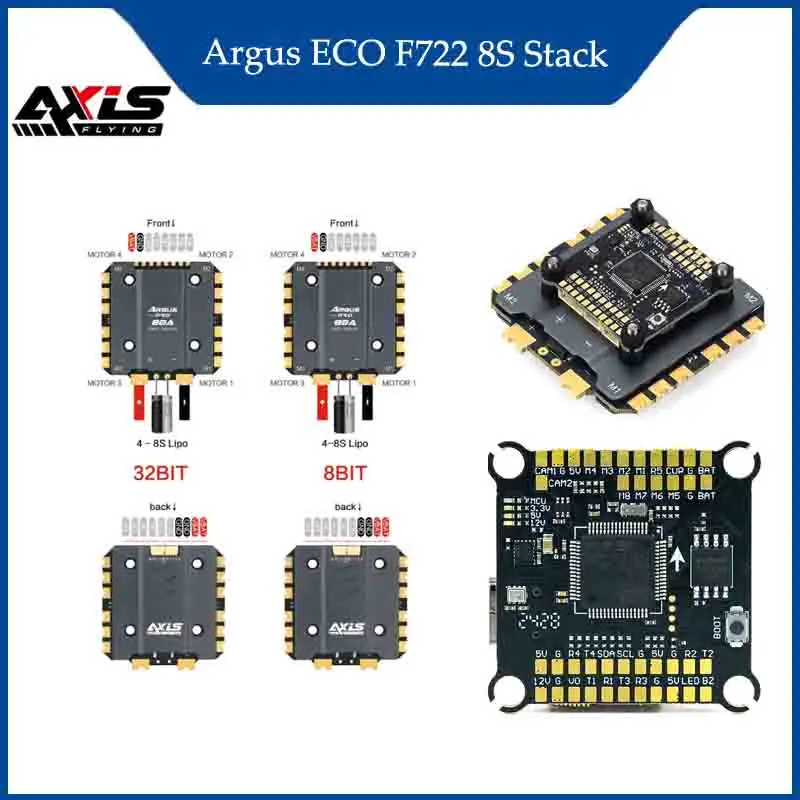 

Axisflying Argus ECO F722 8S Stack F722 Flight Controller with 80A 120A 8bit 32bit ESC Combo for FPV Freestyle Drone RC Parts