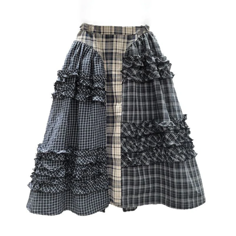 WTHT العصرية أزياء المرأة المرقعة تكدرت حافة منقوشة التنانير الطويلة 2025 ربيع جديد عالية الخصر ألف خط تنورة الإناث 1LS1217