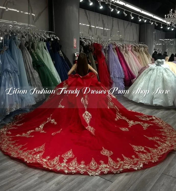 페어리 레드 프린세스 15세 생일 드레스, 고급 시스 캐시드럴 트레인 스팽글 아플리케 맞춤 멕시코 퀸 15세 드레스