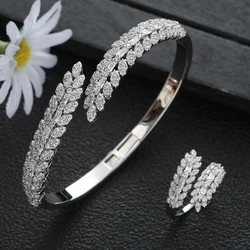 Luxury 2PCS Wide Leaves Opening Round Bracelet With Multiple Rings Set Fashion Jewelry For Women Wedding S452