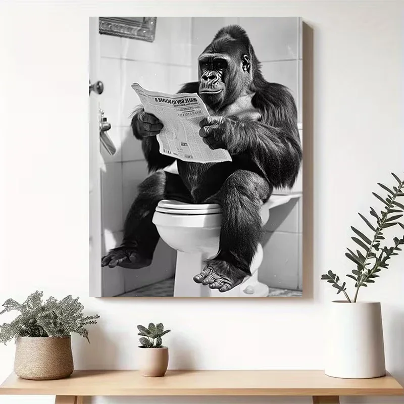 Multiple sizes 1pc frameless Canvas Painting,Funny Gorilla Reading Newspaper Bathroom Poster and Prints Canvas Painting Wall Art