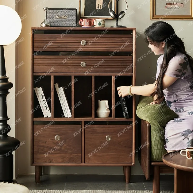 X-S solid wood black walnut color small bookshelf creative sofa side cabinet HG