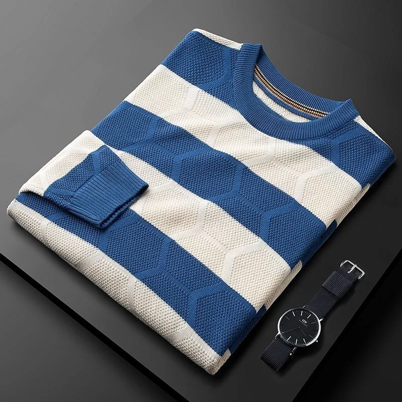 American European and trend color contrast stripe round neck sweater men's autumn and winter new quality casual youth Pullover