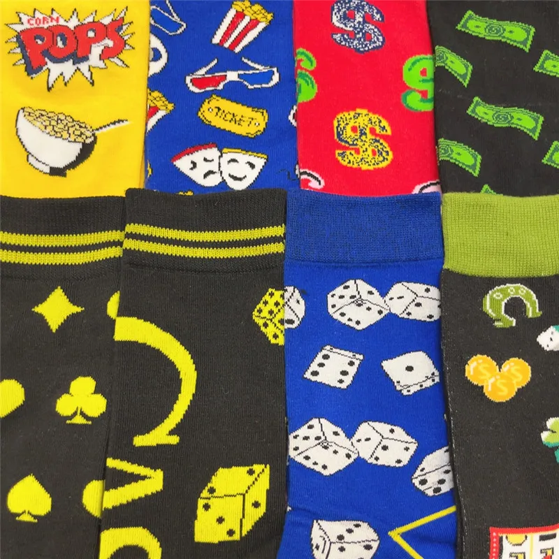 1Pair Adult Size Mid Calf Crew Cartoon Cottton Unisex Socks Game Popcorn Dollar Poker Dice Movie Theater Cinema Items Skateboard