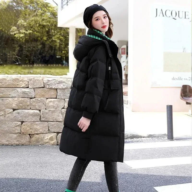 

Pop Pop 2025 New Down Cotton Jacket Women's Mid Long Hooded Color Matching Parka Casual Fashion Thickened Loose Fitting Jacket T