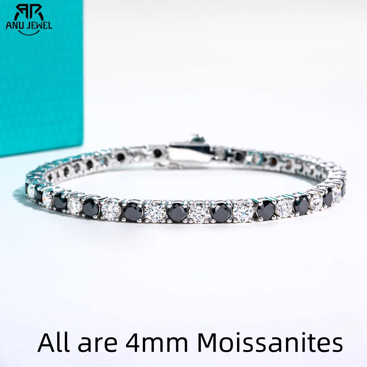 

AnuJewel 4mm D Color Black Moissanite Diamond Tennis Bracelet Luxurious 925 Sterling Silver Wedding Bracelets for Women Jewelry