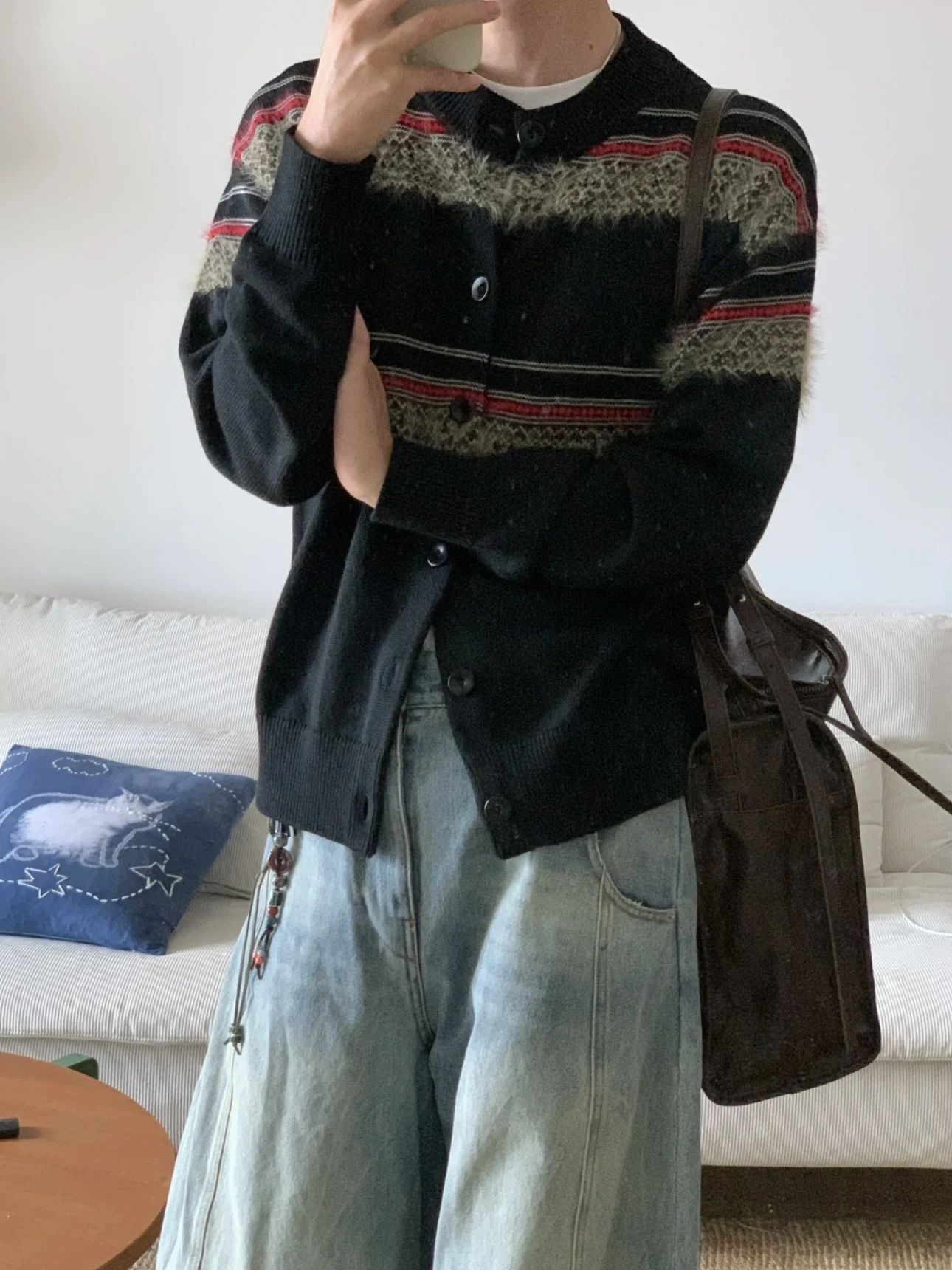 アメリカンレトロストライプカラーブロニットオープンカーディガンメンズ冬暖かいカジュアルルーズニットアウター通気性弾性