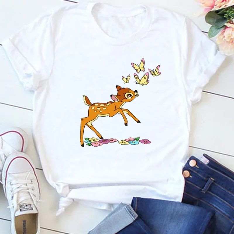 Cartoon Bambi New 2024 Women Printed T Shirt Girl Short Sleeve Shirt Disney Clothes Funny Harajuku Y2K Kawaii Streetwear Clothes