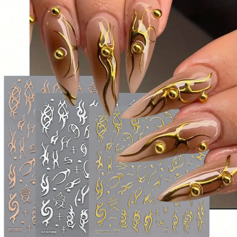 1 قطعة الذهب والفضة كول الطوطم فاينز مسمار الفن ملصقات Y2K الشرير القوطية لهب مسمار المتزلجون غير النظامية خطوط فاتنة المشارب مسمار العرض *