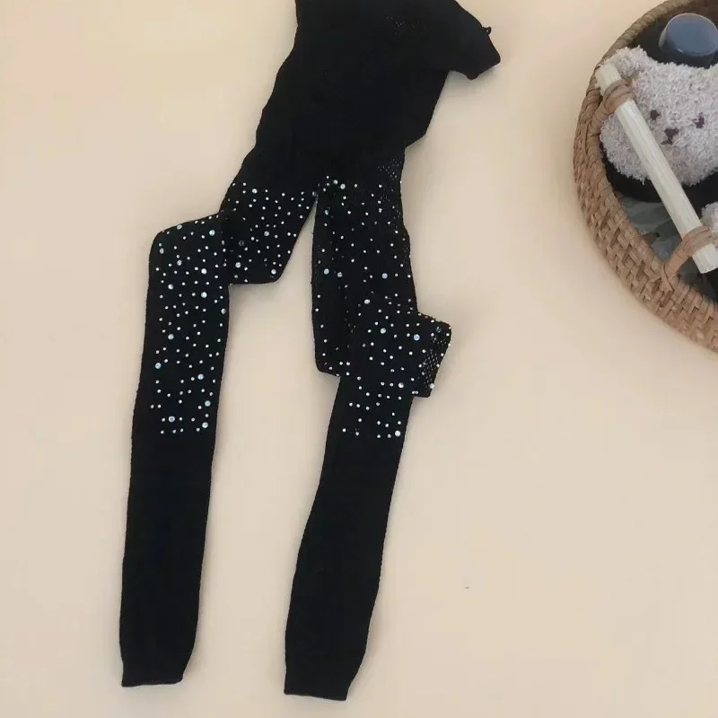 New Kids Girl Tight Fashion Fishnet Stockings Hollow Lace Rhinestone Glitter Pantyhose for Girls Children Mesh Socks