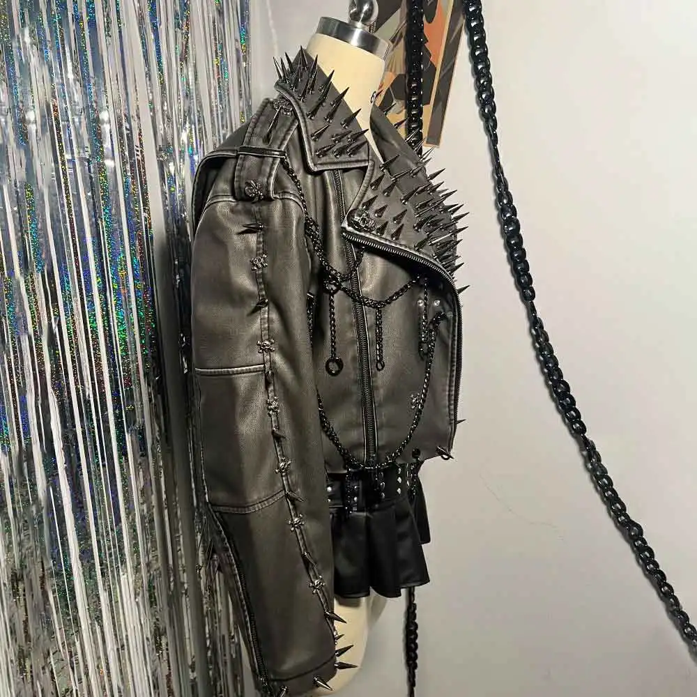 Grunge Cyber Chain Harajuku E-Girls Emo Trendy Coat Spike Studded Rivet Goth Vintage Y2K PU Leather Jacket Punk Rock Gothic