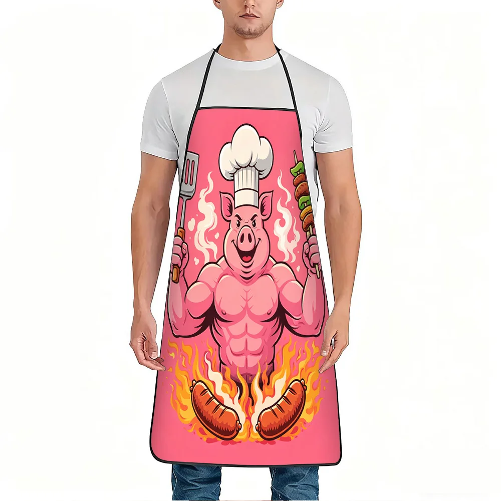 1pc Sturdy Chef Pig Humorous BBQ Design Apron, Long-Lasting And Easy to Clean, Adjustable Waist, Made of Polyester, Suitable for