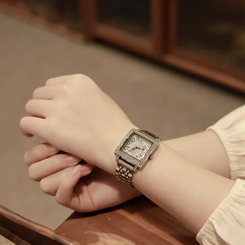 ساعة نسائية كلاسيكية مربعة ، الماس الكامل ، عالية الجودة ، الكوارتز ، الفاخرة ، العلامة التجارية العليا ، الأصلي ، مثلج خارج ، الفولاذ المقاوم للصدأ ، على مدار الساعة