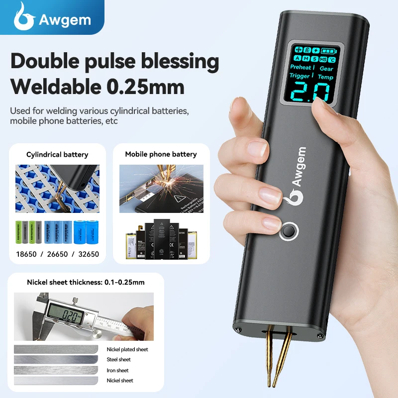 Awithz ポータブルハンドヘルドバッテリースポット溶接機 90段階調整可能 18650用 溶接アイロン ステンレス鋼対応 2Mニッケル付き