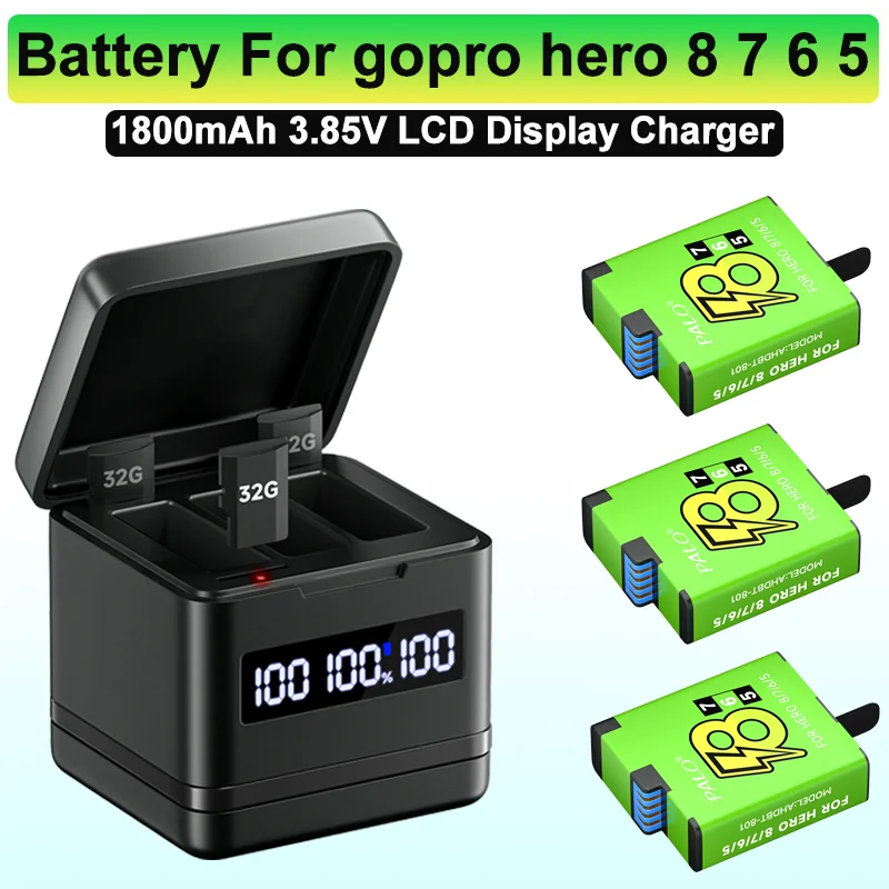 For GoPro Hero 5 gopro hero 6 Hero 7 Hero 8 Battery + 3 Solts LCD Smart Charger for GOPRO Hero 8 7 hero6 hero5 Camera Accessorie