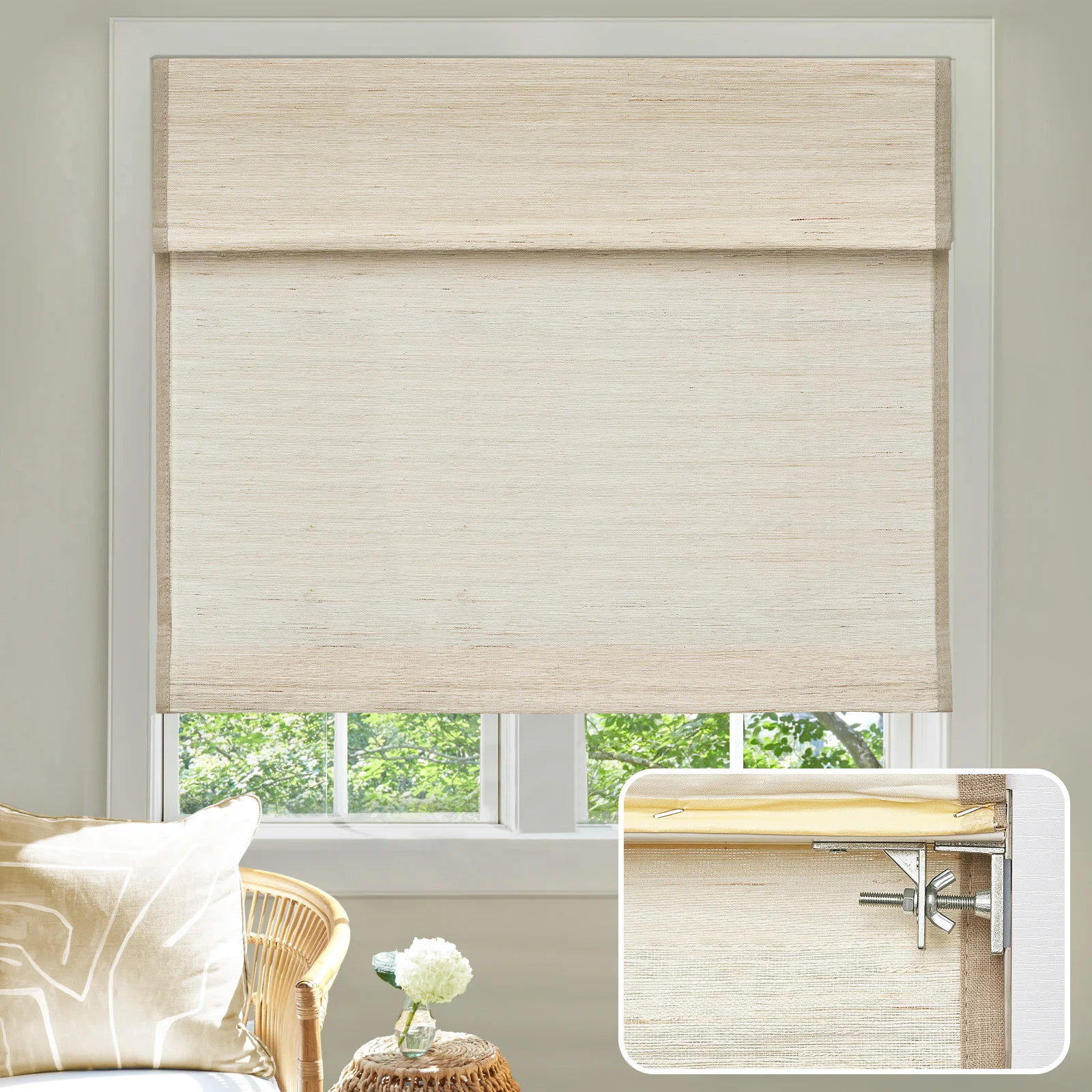 

Moonice No Drill No Tools Cordless Custom Roman Shades for Window Natural Woven Fabric Privacy Room Darkening Blind Easy Install