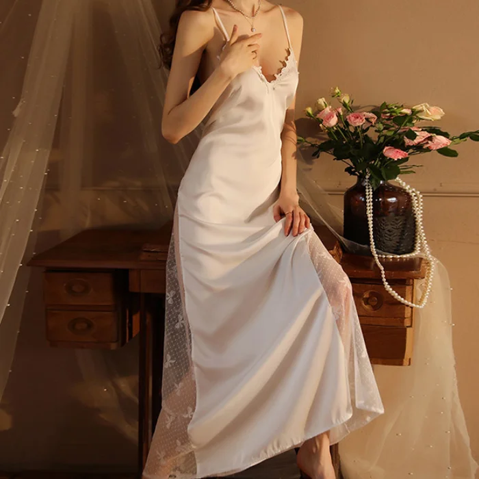 Women Backless Kimono Dressing Gown Sexy Perspective Nightgown Satin Sleepdress Lace Patchwork Nightwear Ultra Long Loungewear