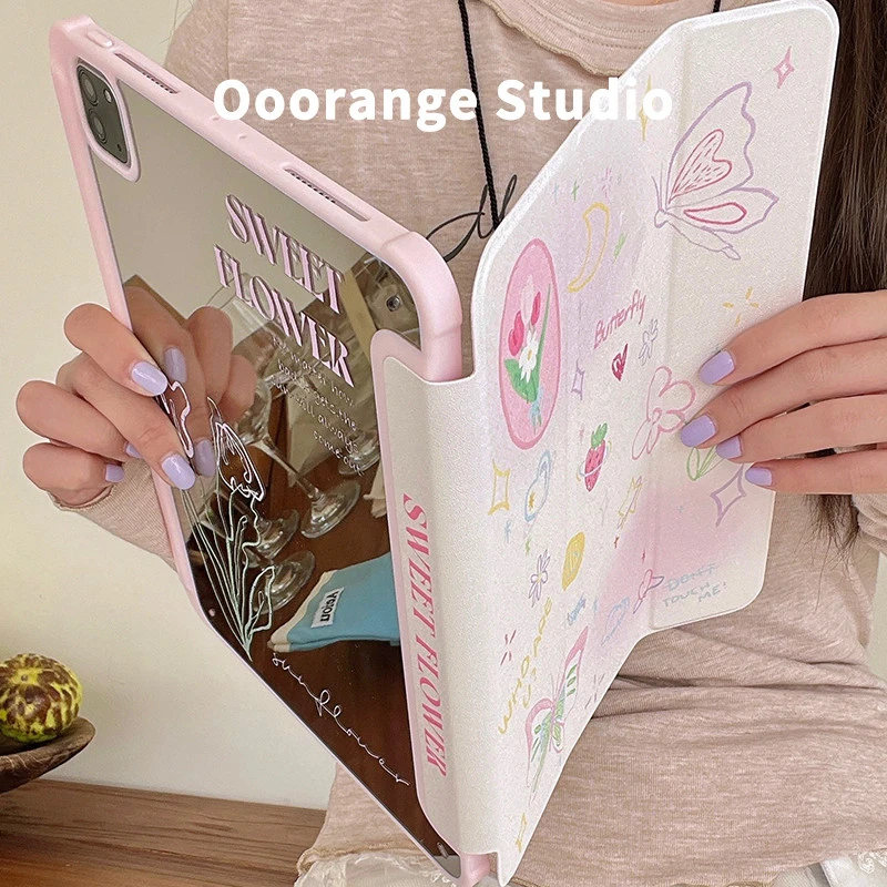 Korean Kawaii Cat Gradient Love Mirror Cover For iPad Pro 13 11th M5 M4 12.9 A16 10 8 7 9th 10th Air 11 M2 M3 Mini Tablet Case