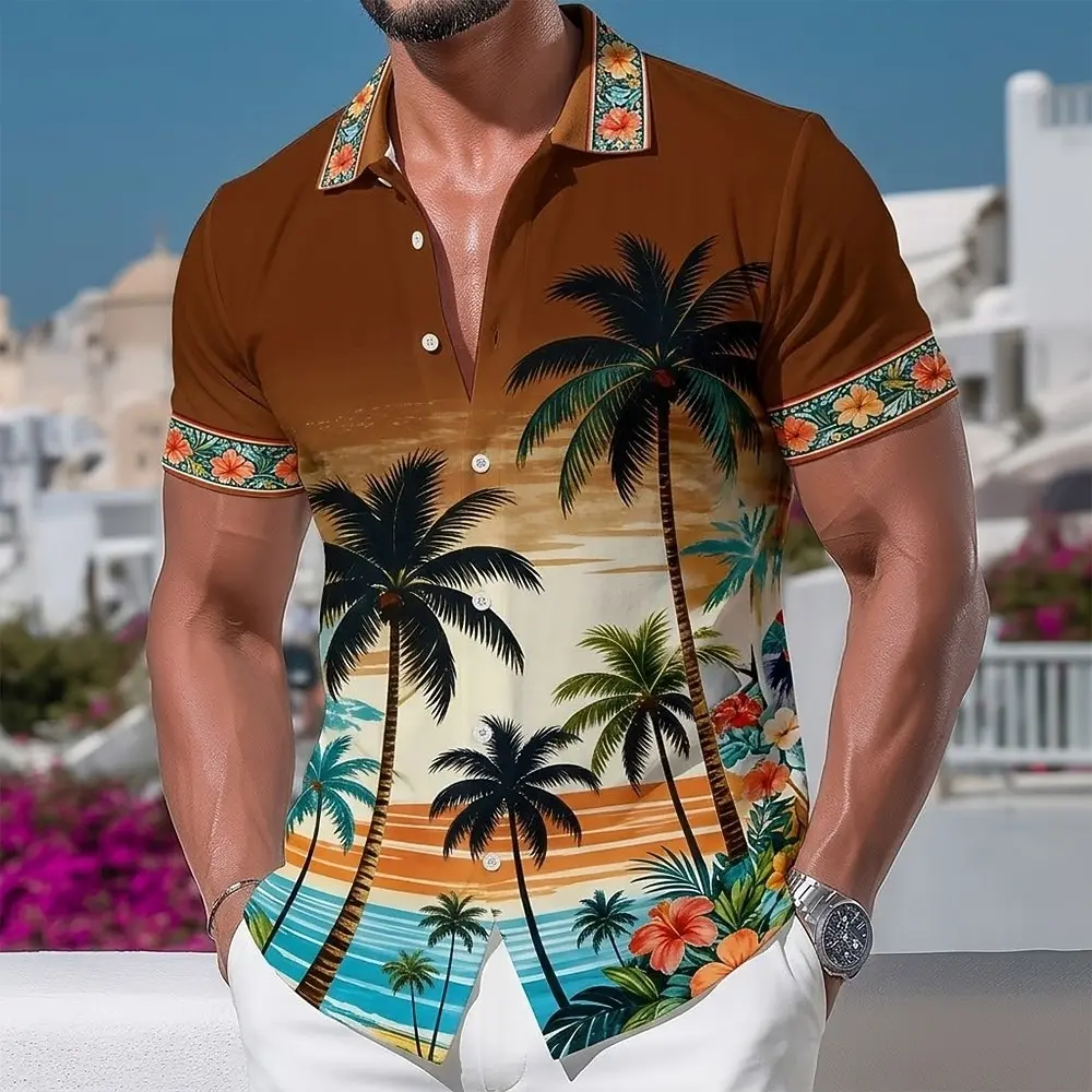 

Men's Tropical Coconut Flower 3D Print Shirt, Short Sleeve Button Up Collar, Hawaiian Beach Vacation Wear for Spring & Summer