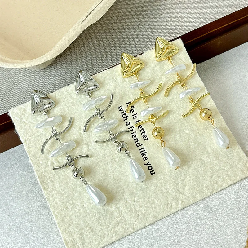 

New French-style vintage niche stud earrings, Baroque irregular pearl long earrings for women, S925 silver post