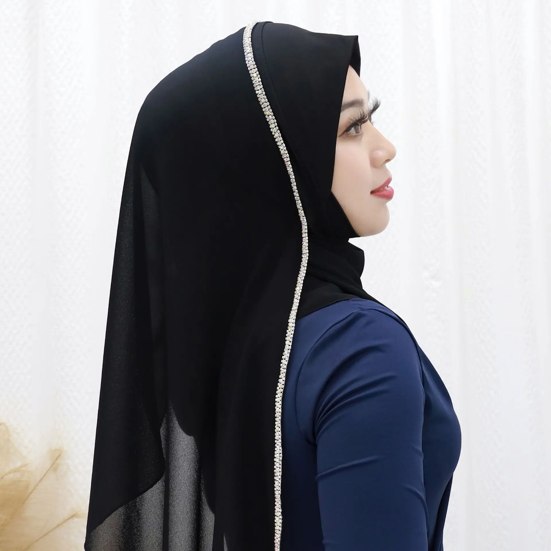 

New Diamond Crystal Linen Chiffon Scarf Muslim Hijab Instant Scarves Pull On Ready Made To Wear Headscarf Shawls Amira Niqab Hat