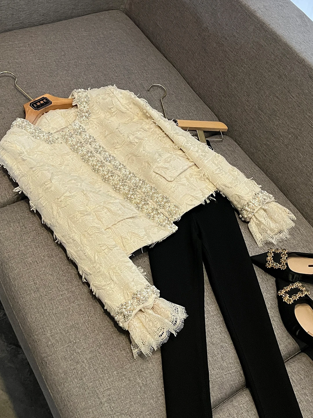 

Faionable Heavy Embroidery Lace Splicing Diamond Embellied Tassel Open Cardigan French Sle Loose Fit Long Sve round ...