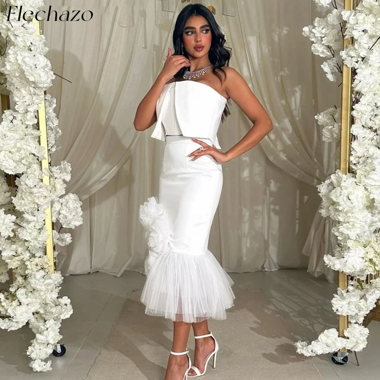 

Flechazo White Evening Dresses 2-Piece Strapless Mermaid Flower Tea-Length Elegant Party Dress For Women 2024 فساتين السهرة