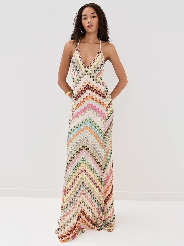 Chaxiaoa Veelkleurige Backless Gebreide Sexy Maxi Jurk Damesmode Spaghetti Mouwloze Hoge Taille Club Party Lange Jurken