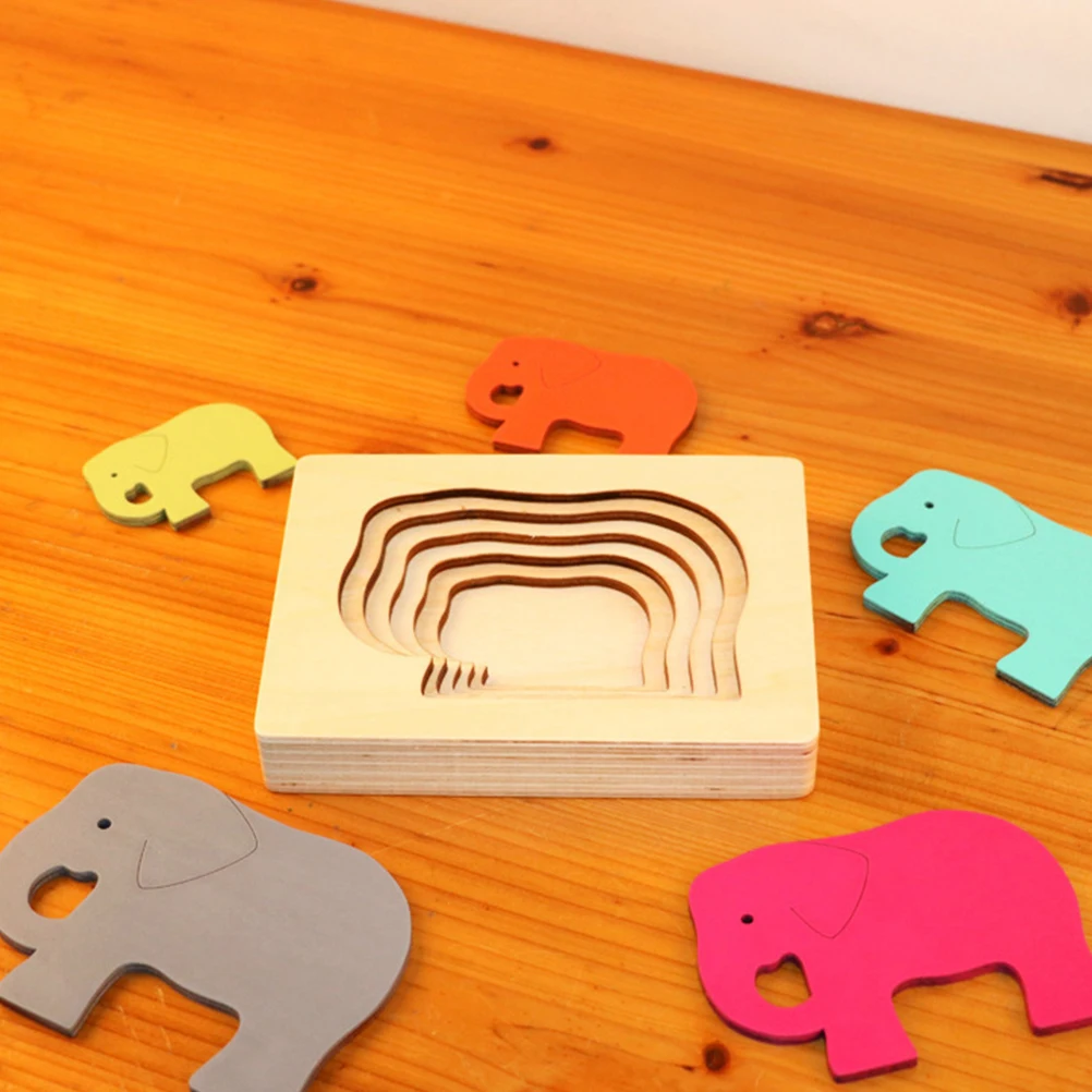Wooden Animal Puzzle Toy Kids Educational Game Cartoon Elephants Shape Sorting Size Matching Preschool Child Development