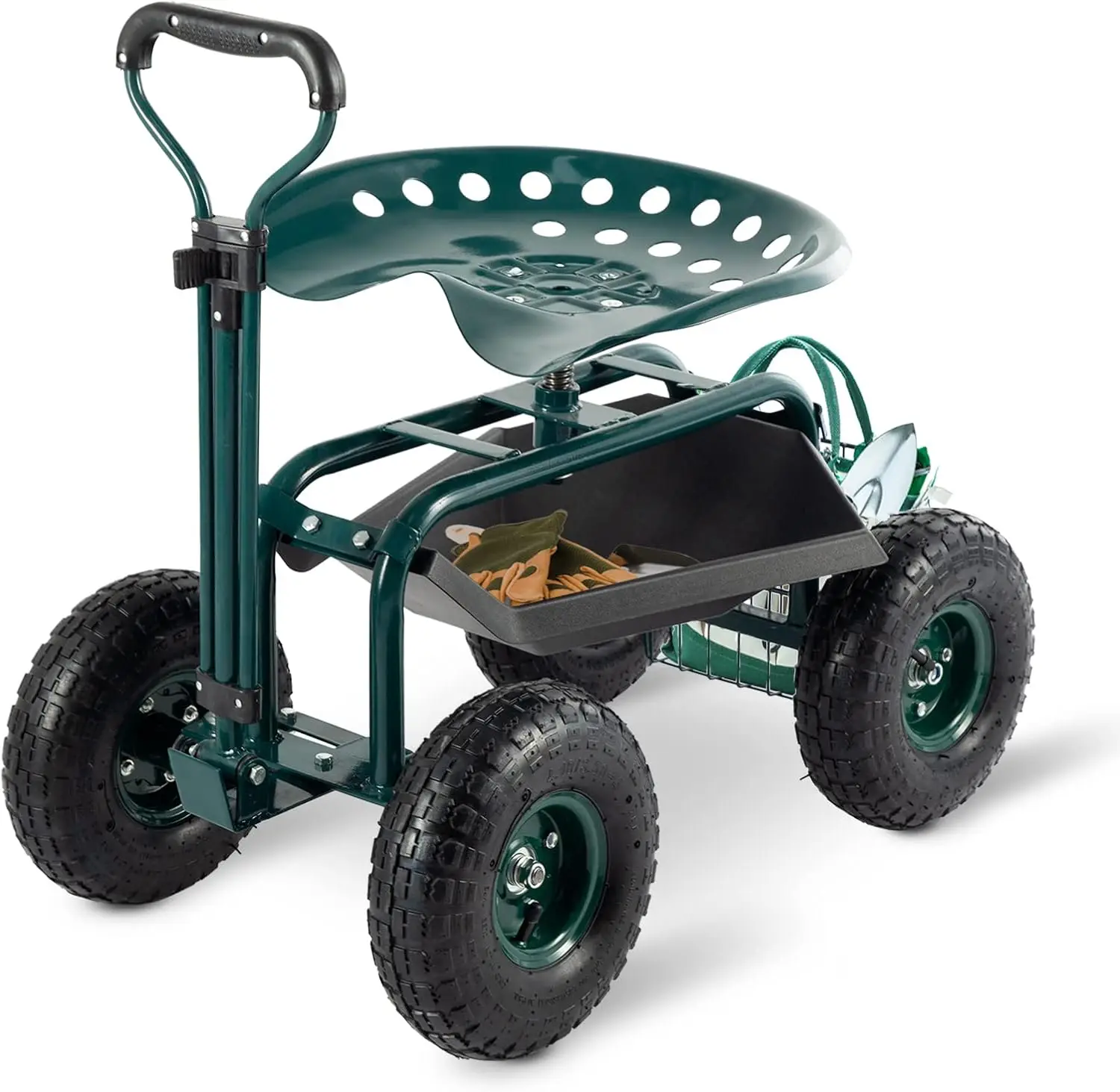 

Садовая тележка повышенной прочности с регулируемым сиденьем, отсеком для хранения и надувными шинами для пожилых людей - зеленая