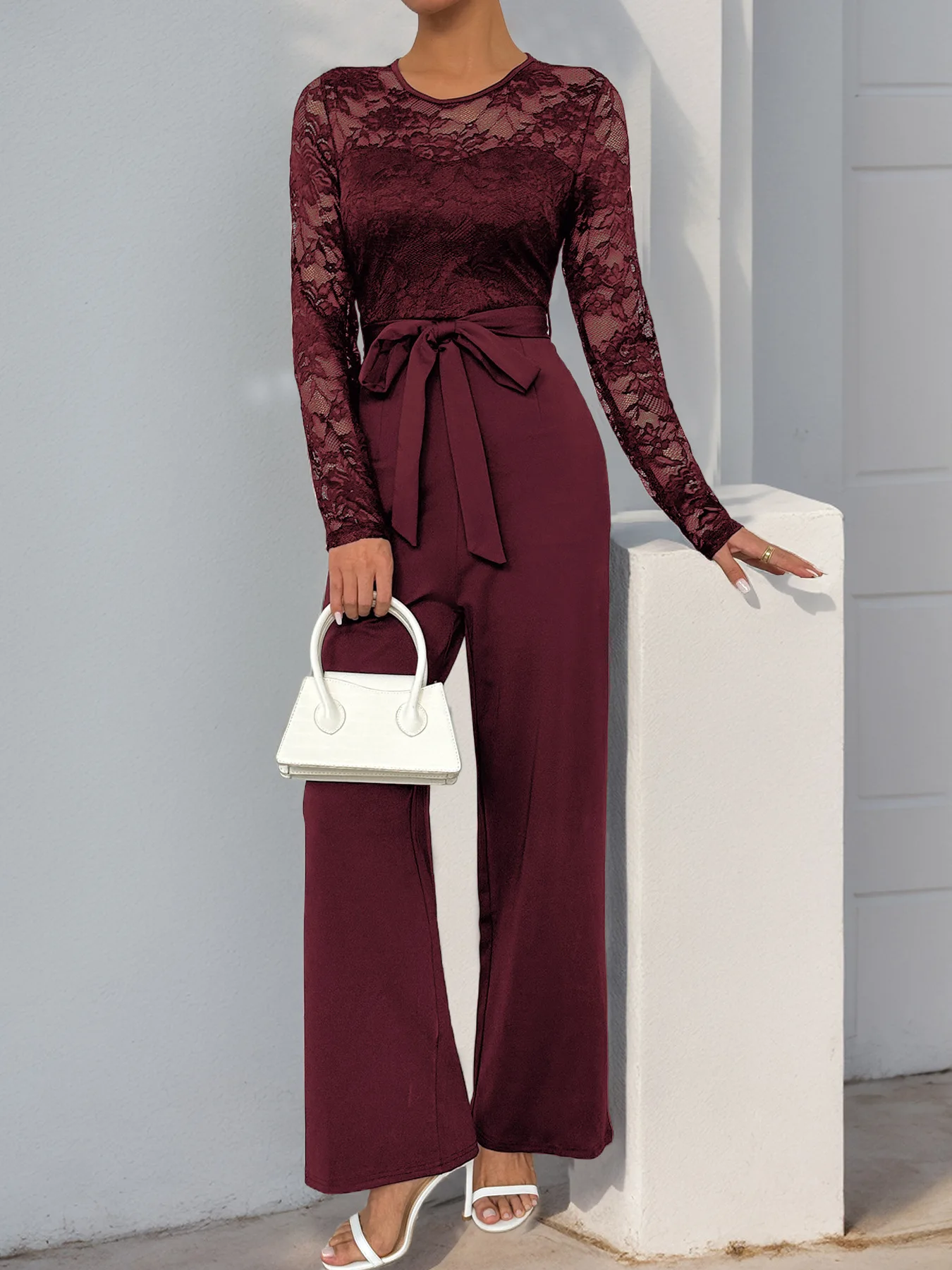 

Women's Solid Color Lace Two Piece Set Long Sleeve Sheer Top & High Waist Wide Leg Pants With Belt Elegant Office Casual Outfit