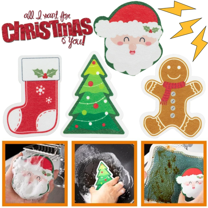 Christmas Cleaning Sponge Household Scouring Pad Kitchen Wipe Dishwashing Sponge Cloth Dish Cleaning Towels Accessory Clean Tool