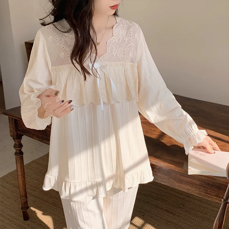 Korean Style Cotton Pajama Sets Square Collar Long Sleeve Trousers Women Solid Color Kawaii Trendy Womens 2pcs Pyjama Elegant