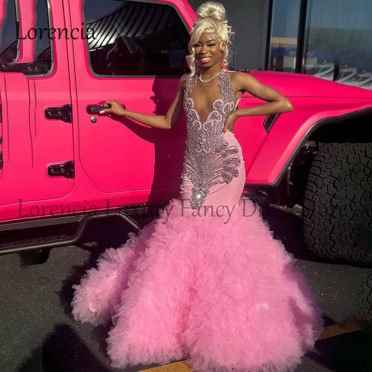 Glitter Pink Long Formal Mermaid Prom Dresses 2024 For Black Girl Beaded Rhinestones Ruffles Evening Gown vestidos de gala