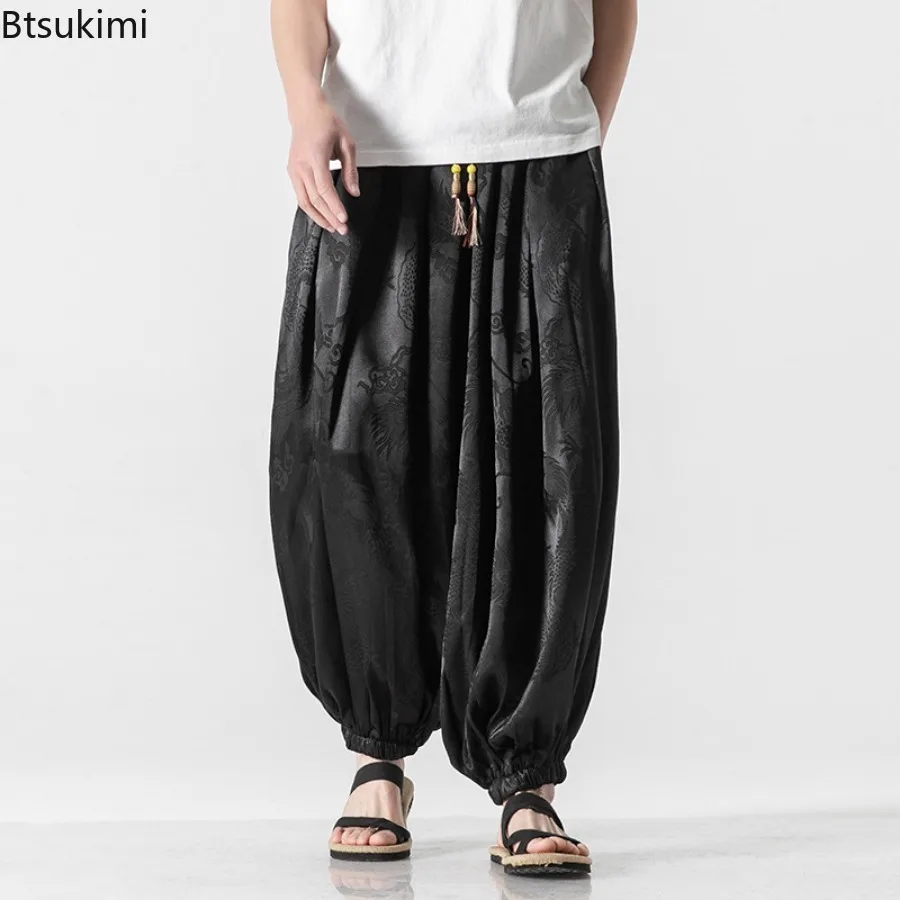 2024 New Ice Silk Baggy Pants Men's Retro Dragon Pattern Print Harem Pants Fashion Loose Casual Harajuku Style Trousers for Men