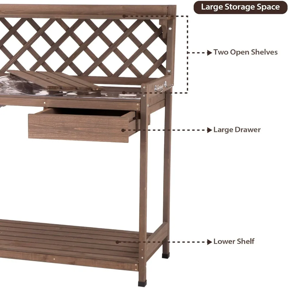 Potting Bench Garden Table for Plants Outside Outdoor Wooden Garden Work Bench with Sink Storage PVC Layer Drawer