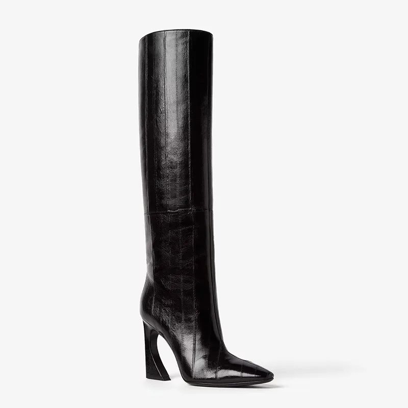 Women's Leopard Print Design Knee High Boots Unique Cutout Heel Pointed Toe Boot Retro Sexy Ladies Party Large Size Daily Botas