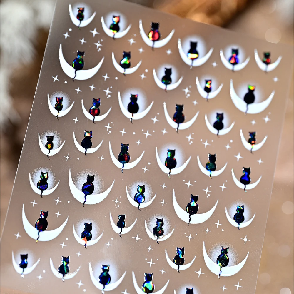 1/2PCS 5D Zwarte Kat Op de Maan Nail Art Sticker Leuke Cartoon Aurora Kleur Kitten Crescent Moon Starburst nail Decal NailSlider #