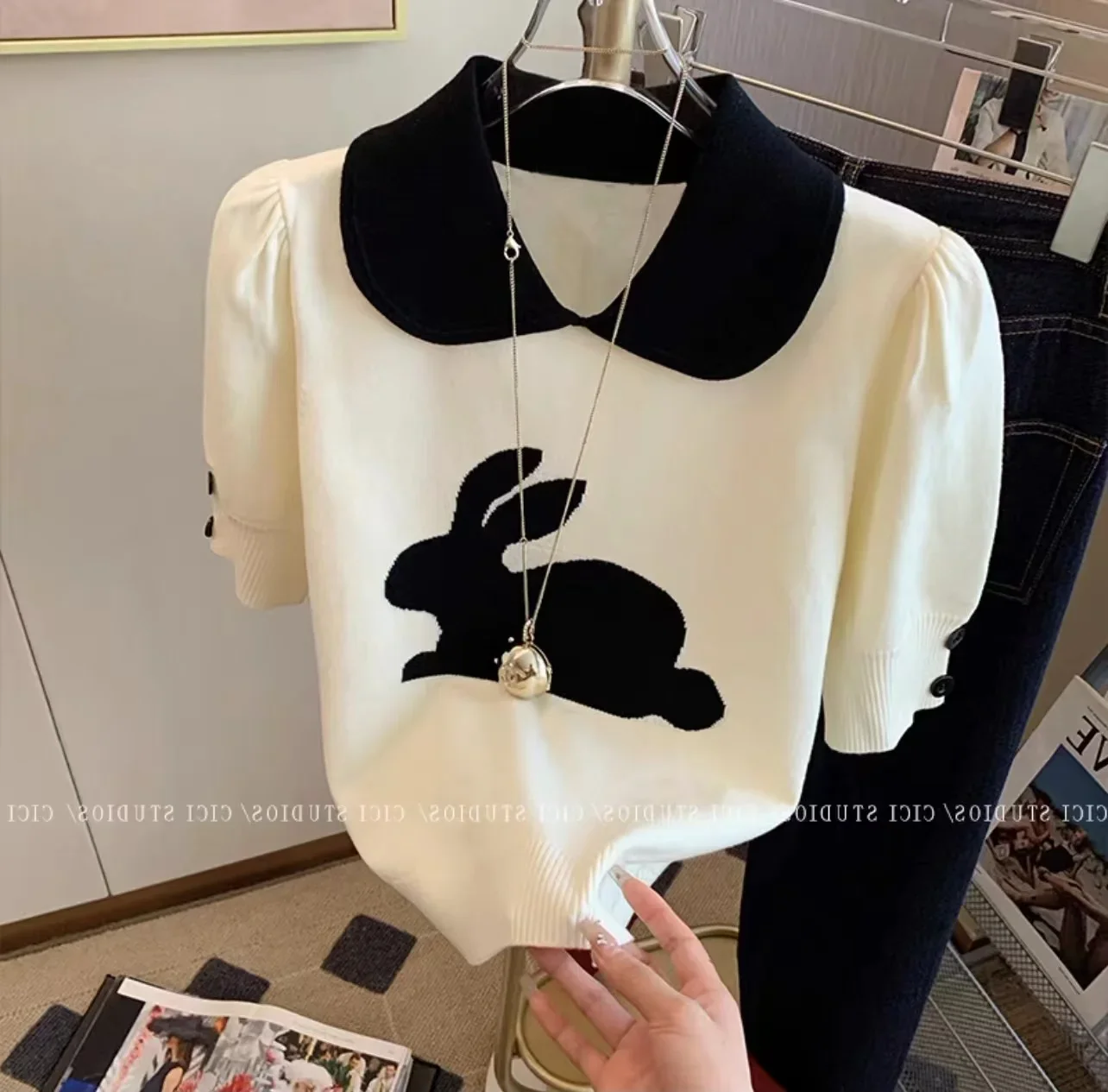 

Rabbit Knitted Sweater Tshirt Women 2025 Summer Puff Sleeve Peter Pan Collar Tees Knitwear Korean Sweet Ladies Pullovers