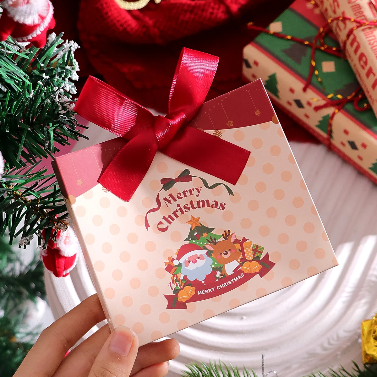 Pack of 10 Festive Christmas Mini Gift Bags with Ribbons - Colorful Design Featuring Christmas Tree, Santa and Merry Christmas W