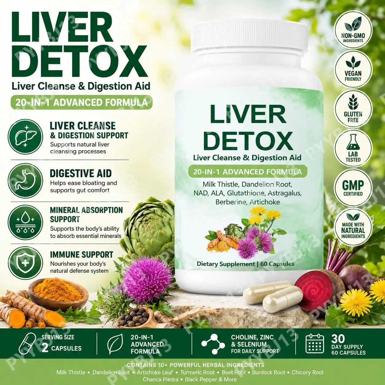 20-in-1 Liver Detox Capsules with Milk Thistle and Dandelion Root Extracts, Mineral Absorption Support, Formula, 60 Capsules