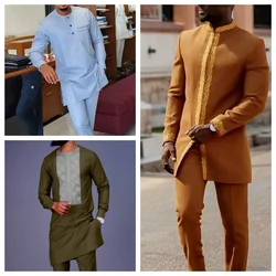 2024 Men's Set Wedding Luxury Men's Two Piece Set with Round Neck Embroidered Long Sleeve Solid Color African Ethnic Style Cloth